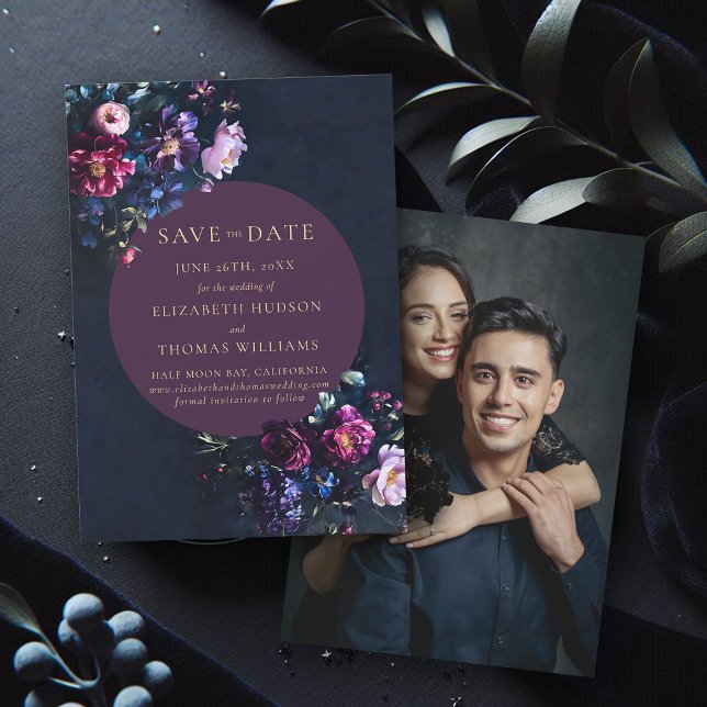 Reserve A Data Casamento de Fotografias Púrpura Floral Moody Dark (wedding save the date moody dark romantic gothic floral navy blue purple jewel tone photo template)