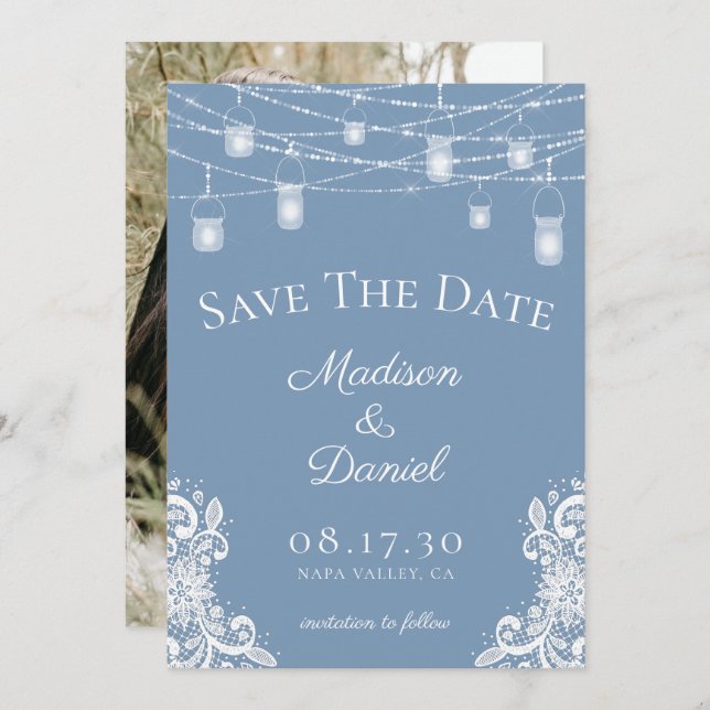 Reserve A Data Casamento de Fotografias Rustic Dusty Blue Lights (Frente/Verso)