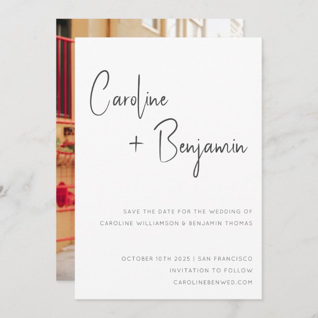 Reserve A Data Casamento de Fotografias Simples de Script Branco  (Frente/Verso)