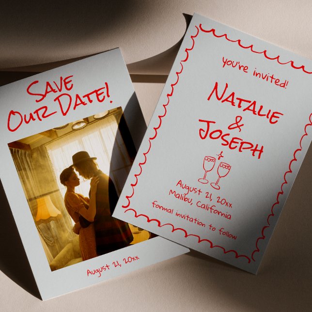 Reserve A Data Casamento de Fotografias Vermelho Quirky Escrito D (Criador carregado)