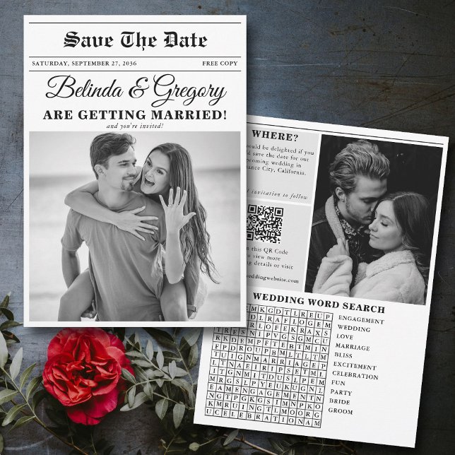 Reserve A Data Casamento de Fotos Brancas e Negras (Wedding Newspaper Fun Black & White Photo Wedding Save The Date)
