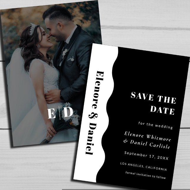 Reserve A Data Casamento de Fotos Branco e Preto de Onda Lateral  (Elegant Side Wave Black and White Photo Wedding Save The Date)