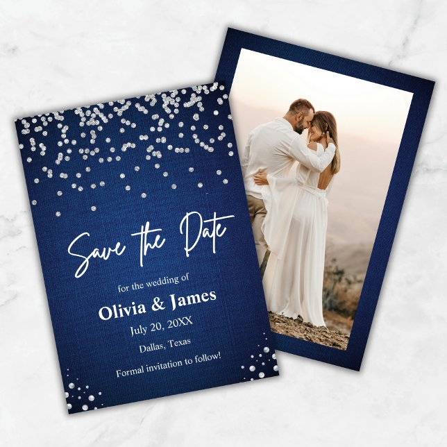 Reserve A Data Casamento de Fotos de Denim e Diamantes Modernos (Modern Elegant Denim and Diamonds Photo Wedding Save The Date Card )