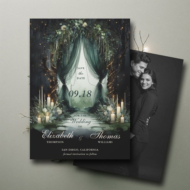 Reserve A Data Casamento De Fotos Dramáticas Da Floresta Moody En (enchanted forest woodland wedding save the date calligraphy fairy tale dramatic moody dark emerald)