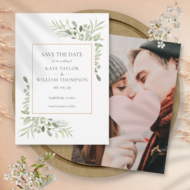 Reserve A Data Casamento de Fotos Geométricas Douradas em Waterco (Watercolor Greenery Gold Geometric Photo Wedding Save The Date)