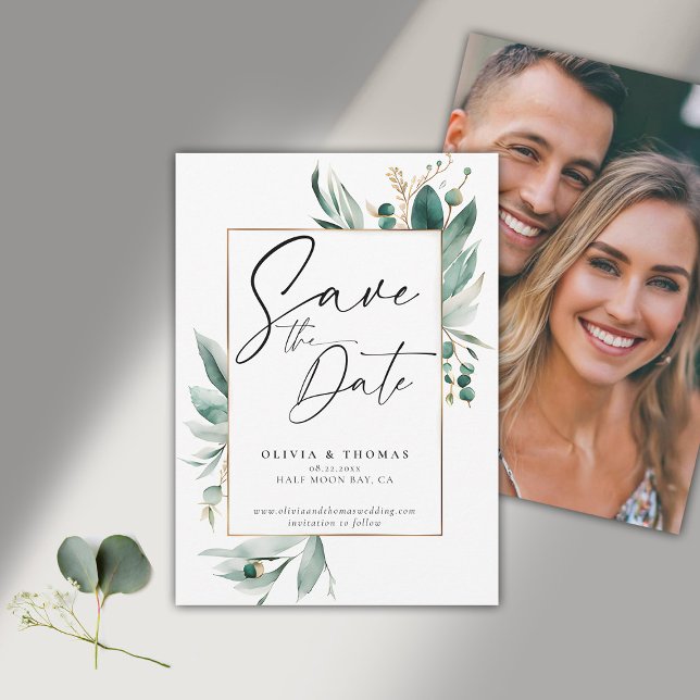 Reserve A Data Casamento de Fotos Moderna de Eucalyptus Greenery  (modern simple wedding save the date typography calligraphy eucalyptus greenery emerald green frame)