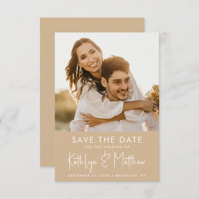 Reserve A Data Casamento de Fotos Moderno do Script Dusty Beige F (Frente/Verso)