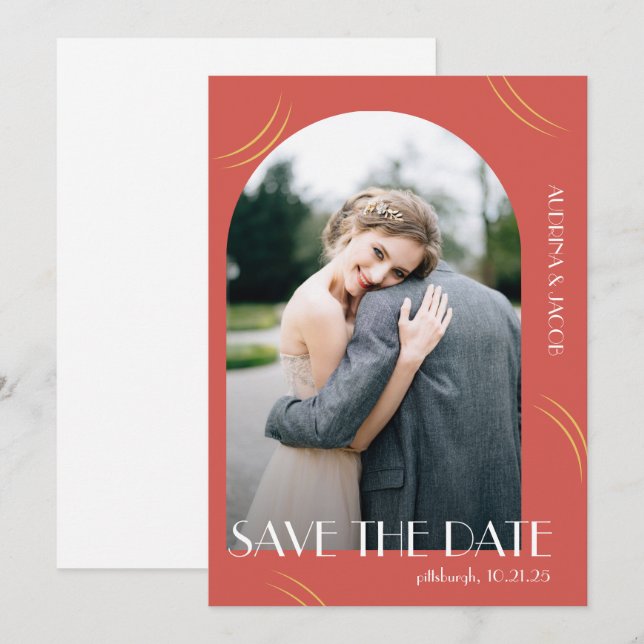 Reserve A Data Casamento de Fotos Vermelhas Vibrantes com Tipogra (Frente/Verso)