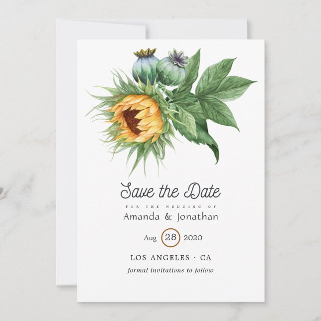 Reserve A Data Casamento de Girassóis Boêmios Rústicos em Aquarel (Frente)