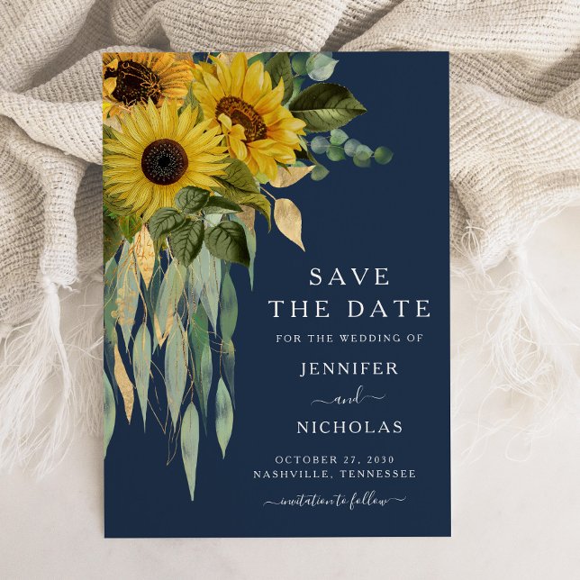Reserve A Data Casamento de Girassol Russo marinho Azul (Navy Blue Sunflower Eucalyptus Wedding Save The Date)