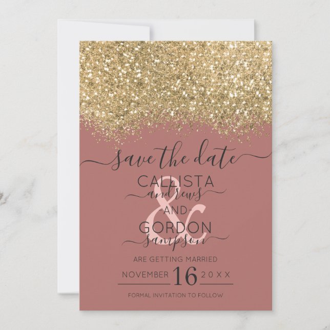 Reserve A Data Casamento de Glitter Confetti, Rosa de Dusty Doura (Frente)