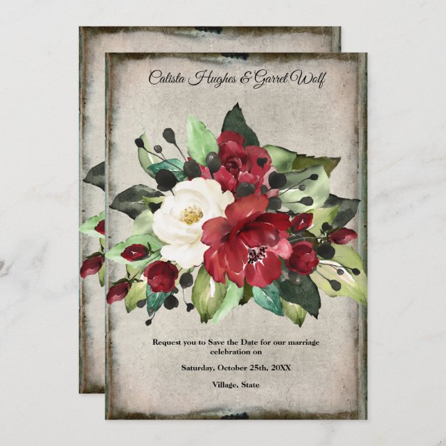Reserve A Data Casamento de Gótico de Cinza Vermelho Floral Verme (Frente/Verso)