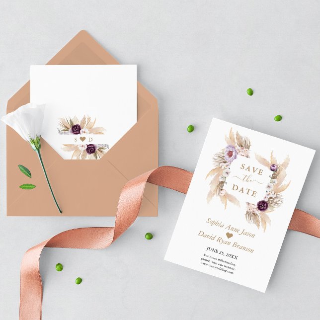 Reserve A Data Casamento de Grass Pampas Brancas com Orquídeas Pú (pampas purple floral wedding save the date trendy modern)