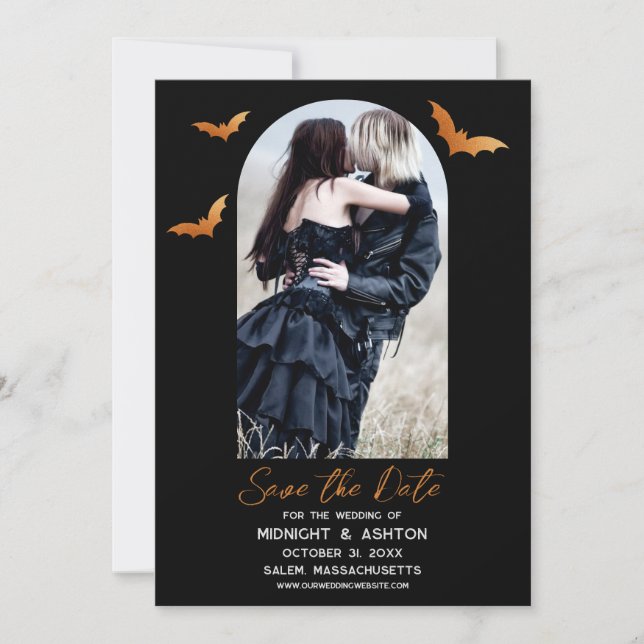 Reserve A Data Casamento de Halloween do Bats Arch Salva a Data (Frente)