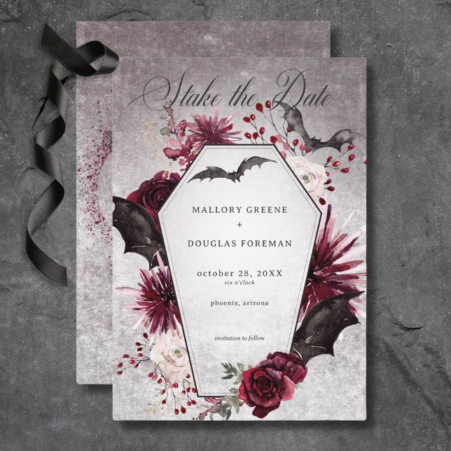 Reserve A Data Casamento de Halloween Rustic Black & Burgundy (Rustic Gothic black & Burgundy Halloween Wedding Save the Date)
