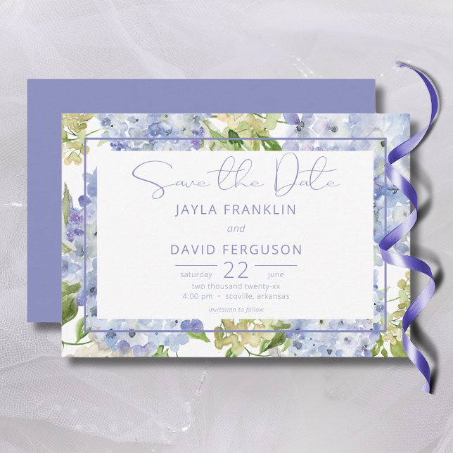 Reserve A Data Casamento de Hydrangea Branco Azul Periwinkle (Periwinkle Blue White Hydrangea Wedding Save The Date)
