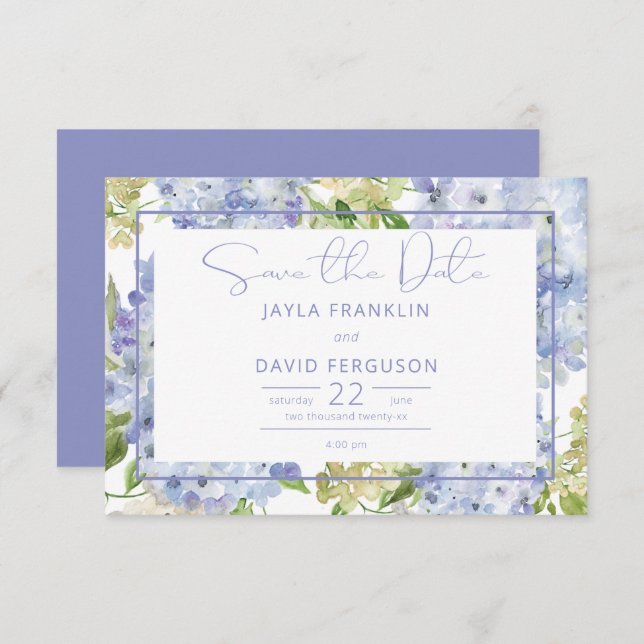 Reserve A Data Casamento de Hydrangea Branco Azul Periwinkle (Frente/Verso)