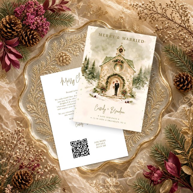 Reserve A Data Casamento de Igreja Rústica com Neve no Natal TLW2 (Winter Christmas Church Couple Wedding Save the Date with Festive Pine Garlands.)