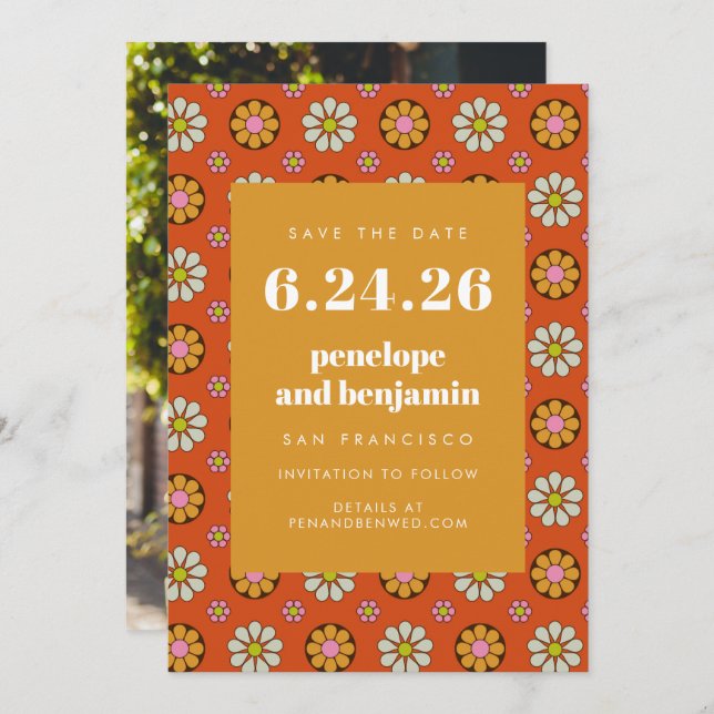 Reserve A Data Casamento de Imagens Laranja Brilhantes com Flores (Frente/Verso)
