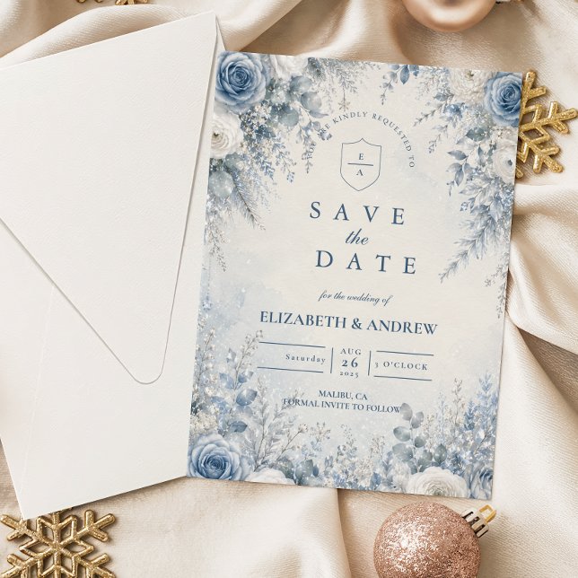 Reserve A Data Casamento de Inverno Azul Elegante (Criador carregado)