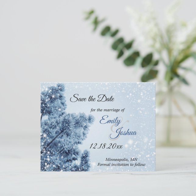 Reserve A Data Casamento de Inverno com Neve e Pinheiro (Em pé/Frente)