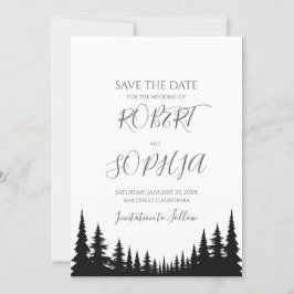 Reserve A Data Casamento de Inverno com Pinheiros Preto e Branco