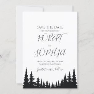 Reserve A Data Casamento de Inverno com Pinheiros Preto e Branco
