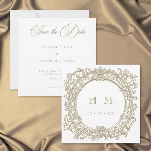 Reserve A Data Casamento de Jardim com Brasão de Ouro Elegante Vi