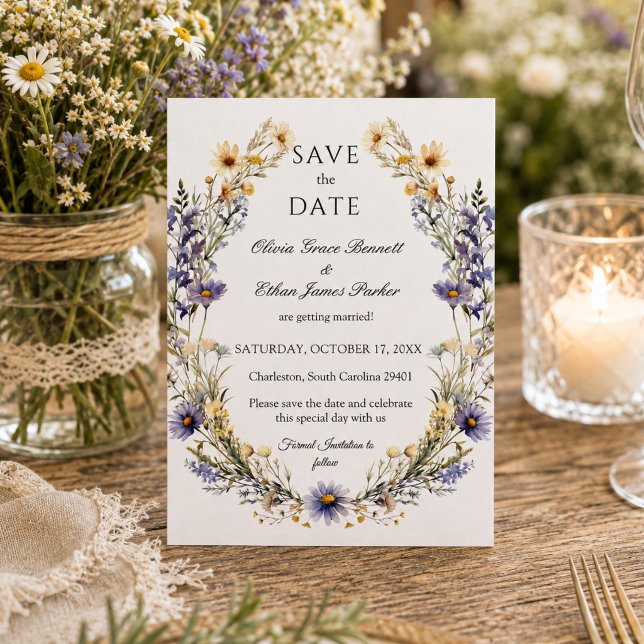 Reserve A Data Casamento de Jardim de Flores Silvestres em Aquare (Rustic Wildflowers garden wedding save the date invitation)