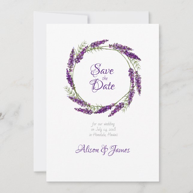 Reserve A Data Casamento de Lavander Wreath salvar a data (Frente)