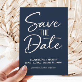 Reserve A Data Casamento de Letra Manual em Azul Marinho Script