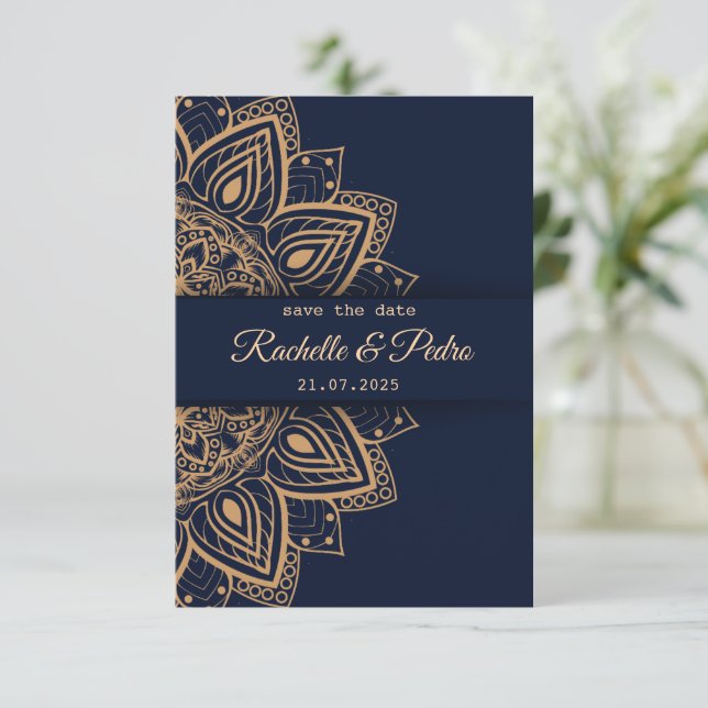 Reserve A Data Casamento de Luxo Azul Dourado Elegante (Em pé/Frente)