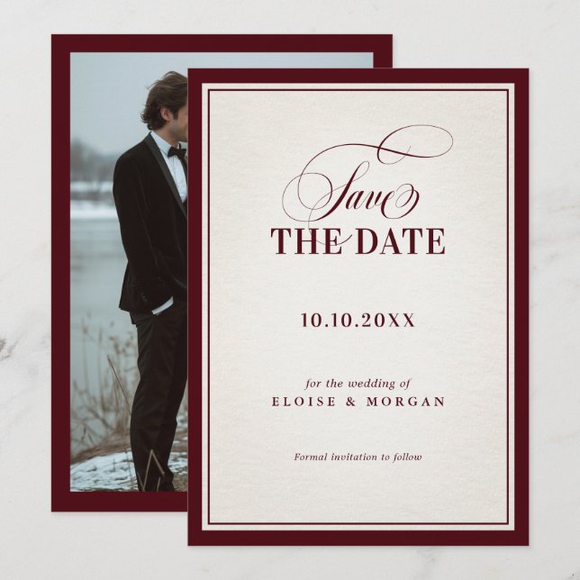 Reserve A Data Casamento de Luxo Burgundy Formal Moderno com Dinh (Frente/Verso)