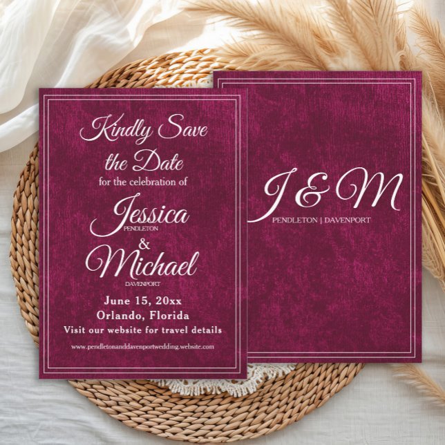 Reserve A Data Casamento de Luxo em Veludo Tonalidade de Mirtilo  (Elegant, luxury wedding Save the Date with monogram back)
