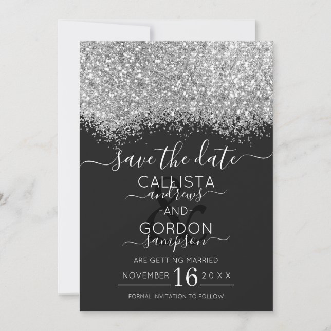 Reserve A Data Casamento de Luxo Silver Black Glitter Confetti (Frente)