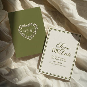 Reserve A Data Casamento de Luxo Vintage Azeitona Verde Marfim An