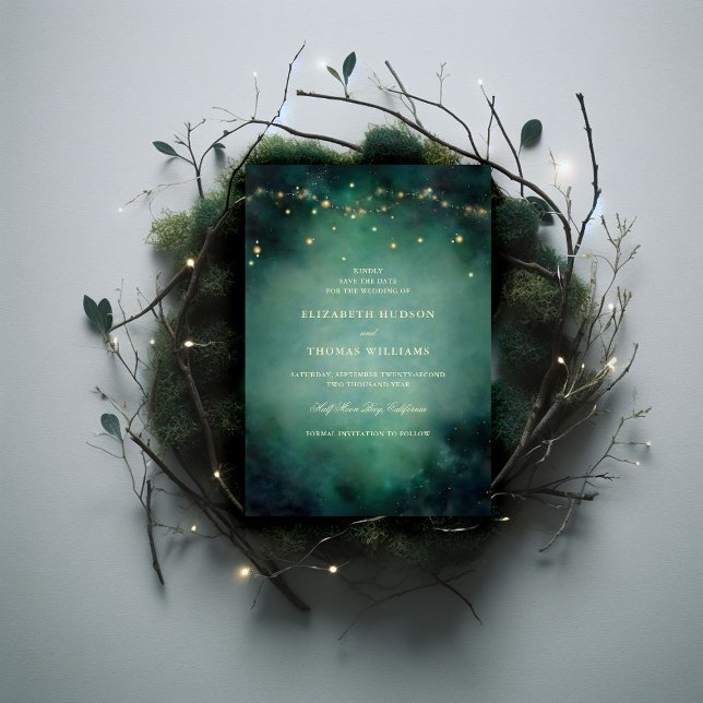 Reserve A Data Casamento de Luzes de Fada Dourada de Esmeralda En (enchanted forest fairy lights emerald green gold wedding save the date elegant formal modern classic)