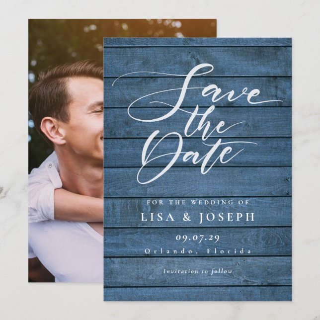 Reserve A Data Casamento de Madeira Azul Rústico com Elegante Rot (Frente/Verso)