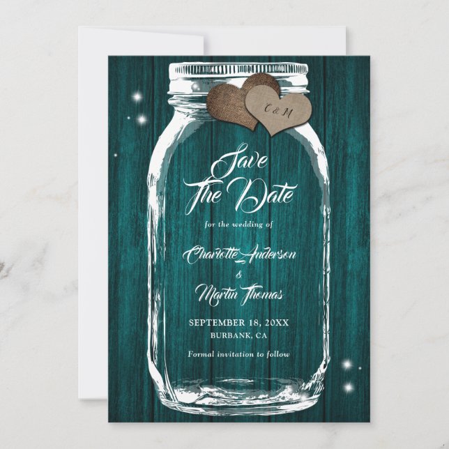 Reserve A Data Casamento de Madeira de Teal Mason Jar Rustic Coun (Frente)
