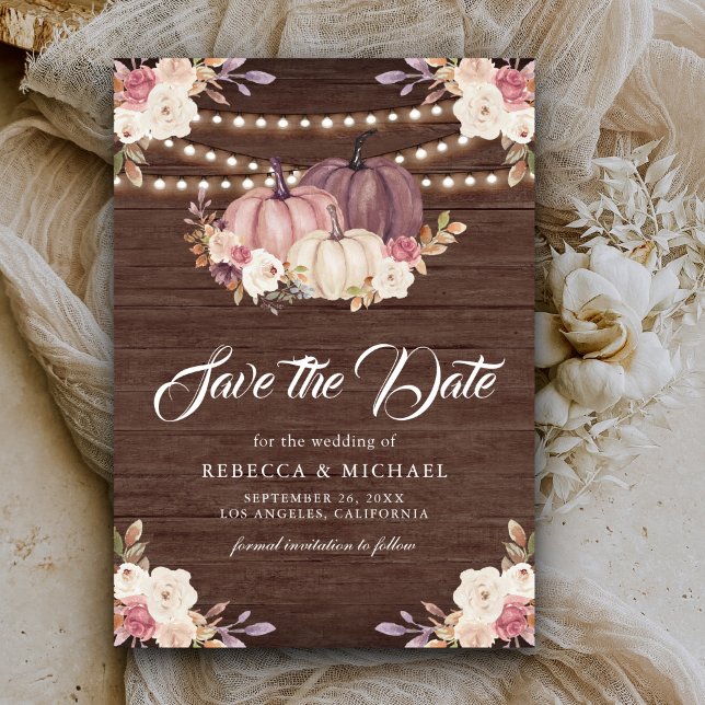 Reserve A Data Casamento de Madeira Floral Dusty Rosa Pumpkin Pum (Criador carregado)