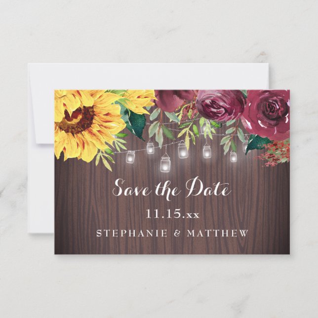 Reserve A Data Casamento de Madeira Rustic Sunflower Mason Jar Li (Frente)