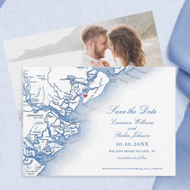 Reserve A Data Casamento de Mapa Elegante Hilton Head da Carolina (Elegant Hilton Head Island SC map Save the dates for a navy blue wedding at Harbour Town Yacht Club)