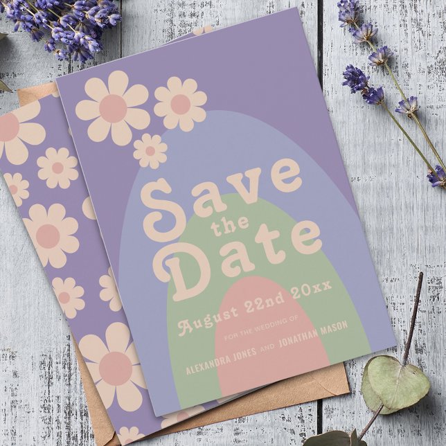 Reserve A Data Casamento de Margarida Retro Moderno (Modern retro daisy arch pastel wedding save the date invitation)