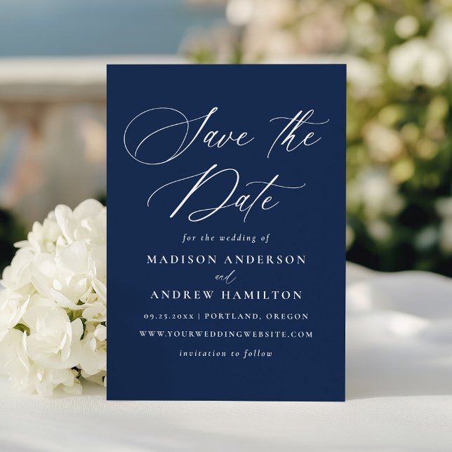 Reserve A Data Casamento de Marinho da Caligrafia Elegante Modern (Criador carregado)