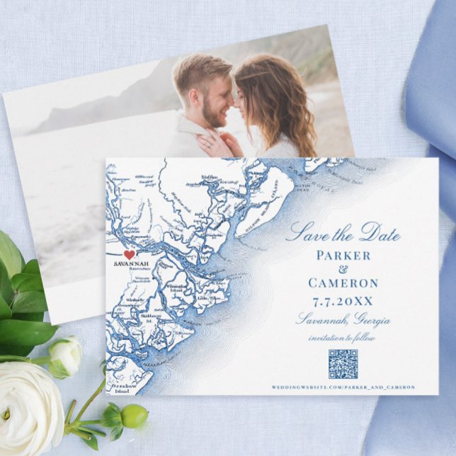 Reserve A Data Casamento de Marinho do Mapa Elegante Savannah Geo (Savannah Georgia Wedding Save the Dates in Elegant Navy Blue with photo and QR code)