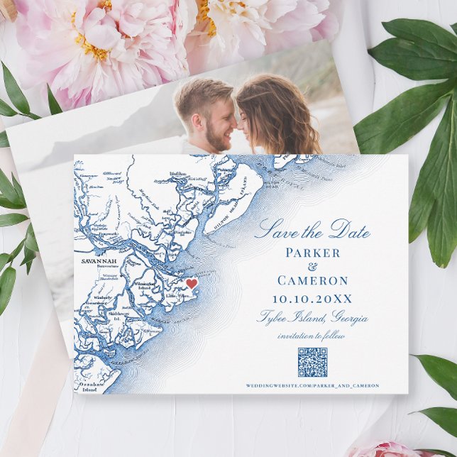 Reserve A Data Casamento de Marinhos do Mapa da Geórgia na Ilha E (Tybee Island GA Map Wedding Save the Date with Photo and QR Code in elegant navy blue )
