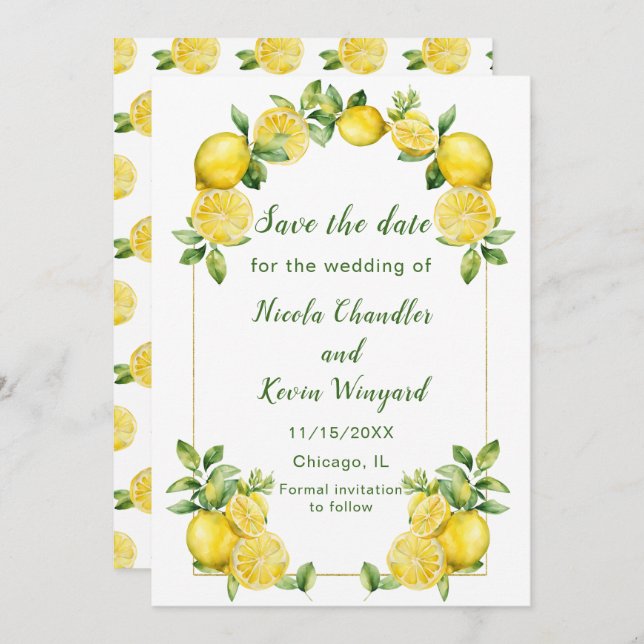 Reserve A Data Casamento de Moldura de Lemon Greenery (Frente/Verso)