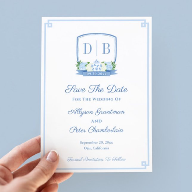 Reserve A Data Casamento de Monograma de Chinoiserie Elegante (Chinoiserie chic hand-painted blue and white monogram wedding crest save the date)