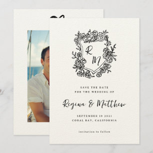 Reserve A Data Casamento de Monograma de Peste Floral Preta Desen