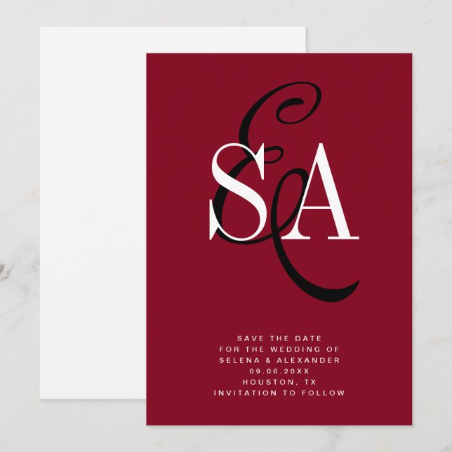 Reserve A Data Casamento de Monograma de Script Elegante Vermelho (Frente/Verso)
